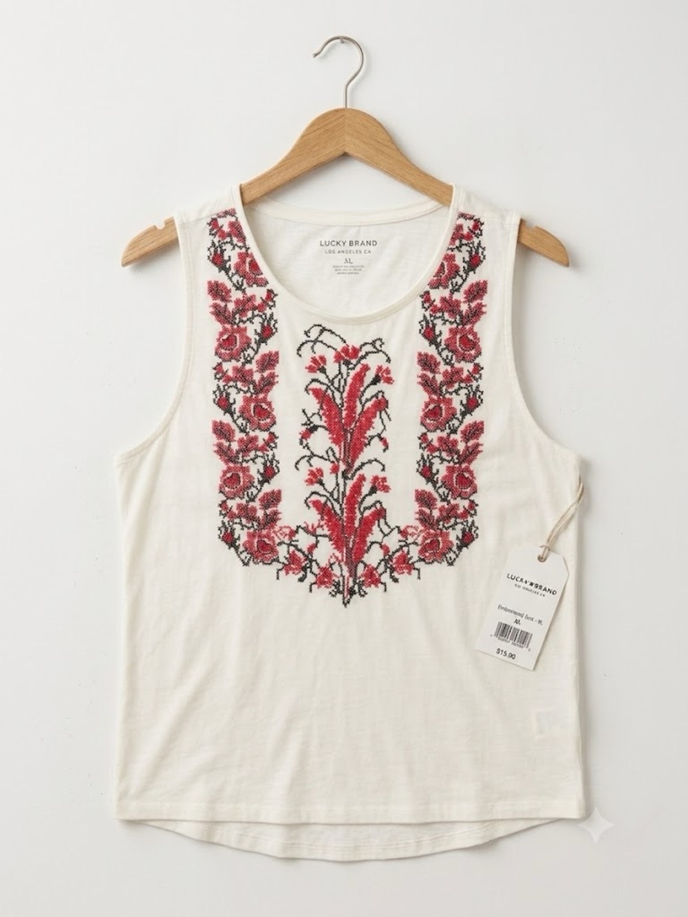 Lucky Brand Cream Tank with Red and Black Embroidered Floral Yoke XL